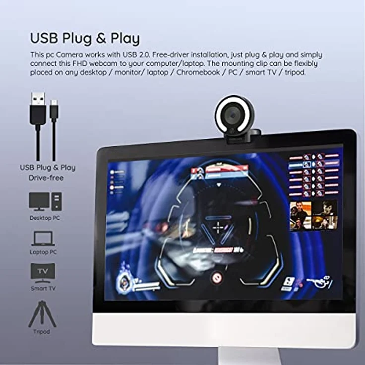 Foscam W28 1080P USB Plug and Play Webkamera mit LED-Leuchtring und integriertem Mikrofon, Helligkeitseinstellung, Autofokus – Bild 5