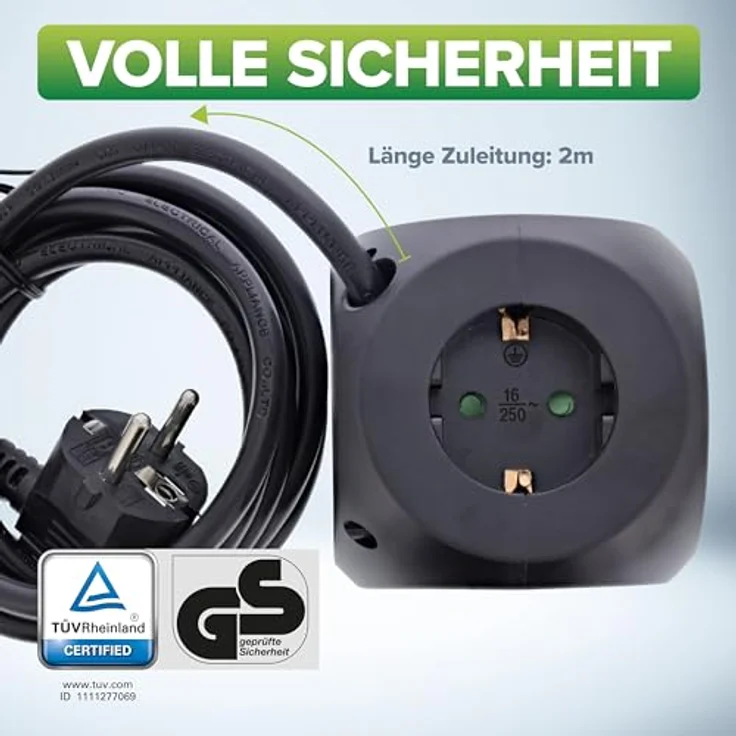 InLine 7-in-1 Steckdosenwürfel mit USB, Charging Cube, 3x Schutzkontakt, 2x USB-C, 2x USB-A, mit Schalter, 2m Kabel, Steckdosenleiste, Mehrfachstecker, Tischsteckdose, 3680W, schwarz – Bild 5