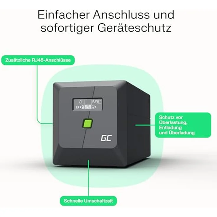 Green Cell Greencell UPS 850VA 480W PowerProof, USV mit LCD-Display, modifizierte Sinuswelle, 12V/9Ah Akku, Überspannungsschutz, USB/RJ45, 2X Schuko – Bild 4