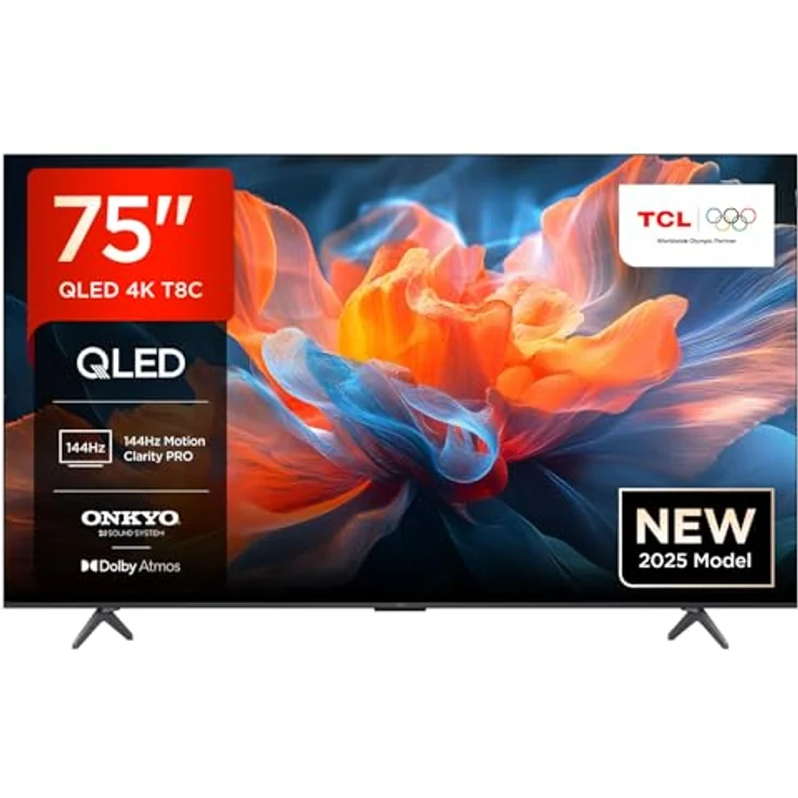 TCL 75T8C 75 Zoll QLED 4K HDR UHD Fernseher mit Dolby Vision & Atmos, 144Hz Motion Clarity Pro, FreeSync, Onkyo 2.1 Sound, Smart Google TV, Sprachsteuerung, kompatibel mit Google Assistant – Bild 1