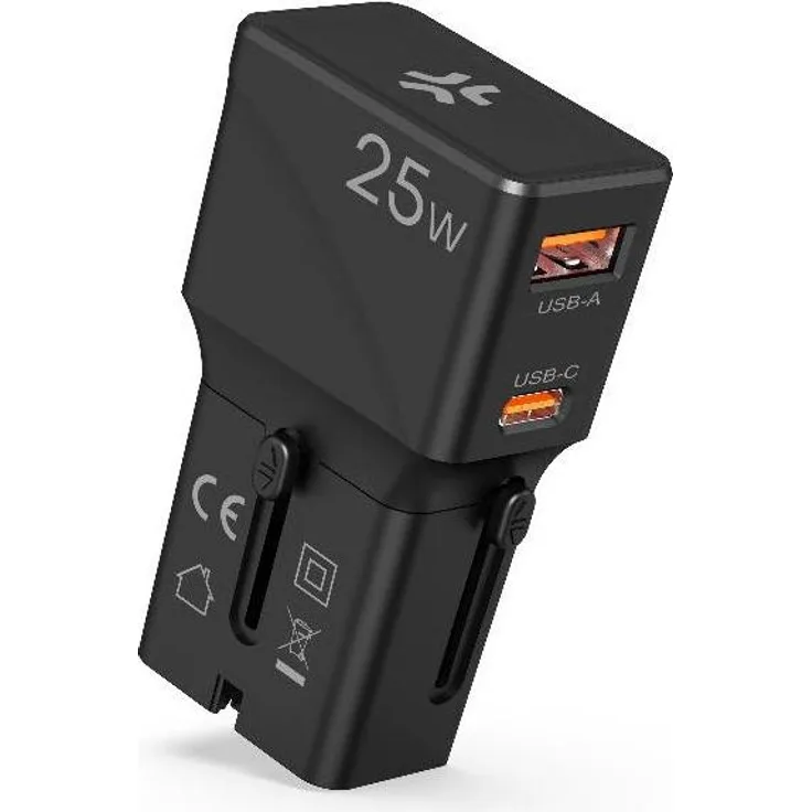 Celly Universal-Reiseladegerät USB-A+C 25 W, kompakt und schnellladend mit zwei Anschlüssen, schwarz