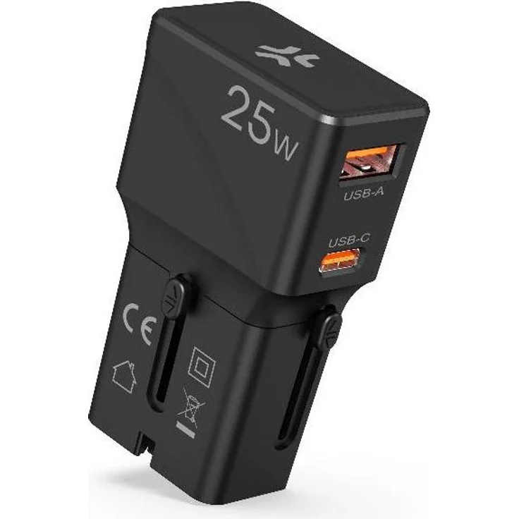 Celly Universal-Reiseladegerät USB-A+C 25 W, kompakt und schnellladend mit zwei Anschlüssen, schwarz