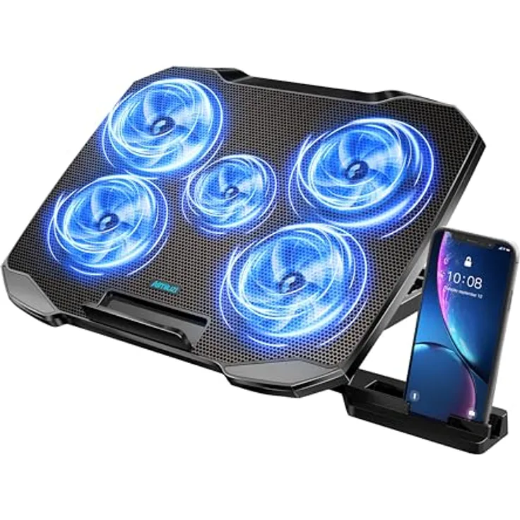 AIMIUZI Laptop Kühler 12-15,6 Zoll, cooling pad mit 5 leisen Lüftern, 5 Höhenverstellbar, 2 USB-Ports und Telefonhalter (Blau)