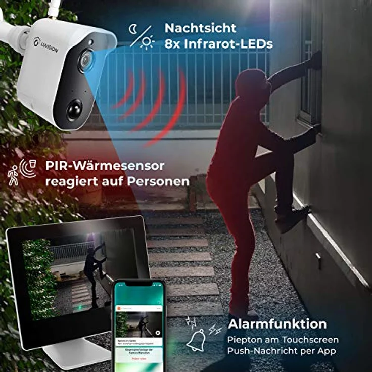 LUVISION Akku-Überwachungskamera mit 9" Monitor Full HD Funk kabellos mit Bewegungserkennung Gegensprechanlage Nachtsicht App Solar + Flutlicht kompatibel [Set 1x Kamera 1x Touchscreen] – Bild 3