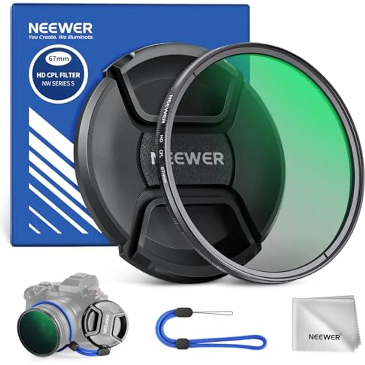 NEEWER 67mm CPL Filter, Zirkularer Polarisationsfilter mit HD Glas und nanobeschichteter Oberfläche, reduziert Reflexionen und Blendung, inklusive Objektivdeckel und Filtertasche – Bild 1