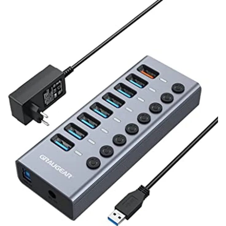 GRAUGEAR | 7-Ports USB 3.0 HUB-Charger | Extra 1x Schnellladen-Port | Einzelnen EIN/Aus Schalter | Aluminium | mit 48W (12V/4A) Netzteil | G-HUB71-A, Gray