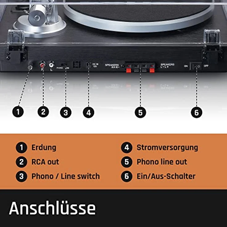 Lenco LS-500 - Hi-Fi Plattenspieler mit Bluetooth - Mit externen Lautsprechern 2 x 30 W RMS - Riemenantrieb - Vorverstärker - MDF-Gehäuse - Schwarz – Bild 4