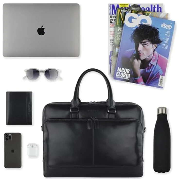 bugatti Romano Aktentasche groß, 15" Laptopfach, hochwertiges Rindleder, Schwarz, mit perfekter Organisation und Schultergurt – Bild 5