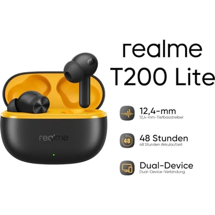 realme Buds T200 Lite, echte kabellose In-Ear-Kopfhörer, 12,4 mm Treiber, 48 Stunden Akkulaufzeit, IPX4, Bluetooth 5.4, Google Fast, Schwarz Volt – Bild 2