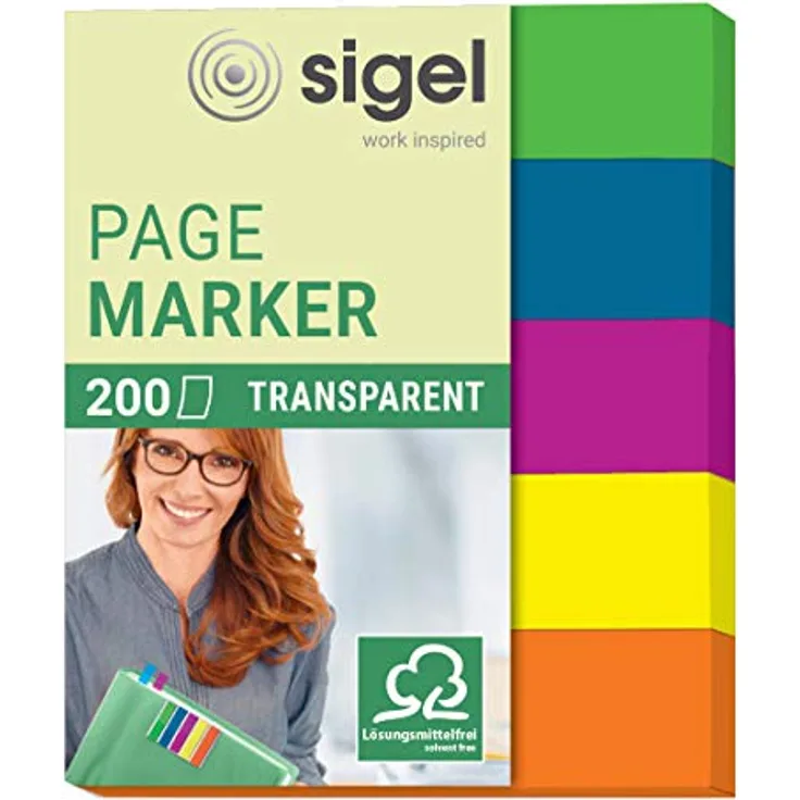 Sigel Haftnotizblock Haftmarker Film, 12x60mm, reißfeste Pfeil-Haftmarker in 5 Farben, transparent und beschriftbar, 5x40 Blatt