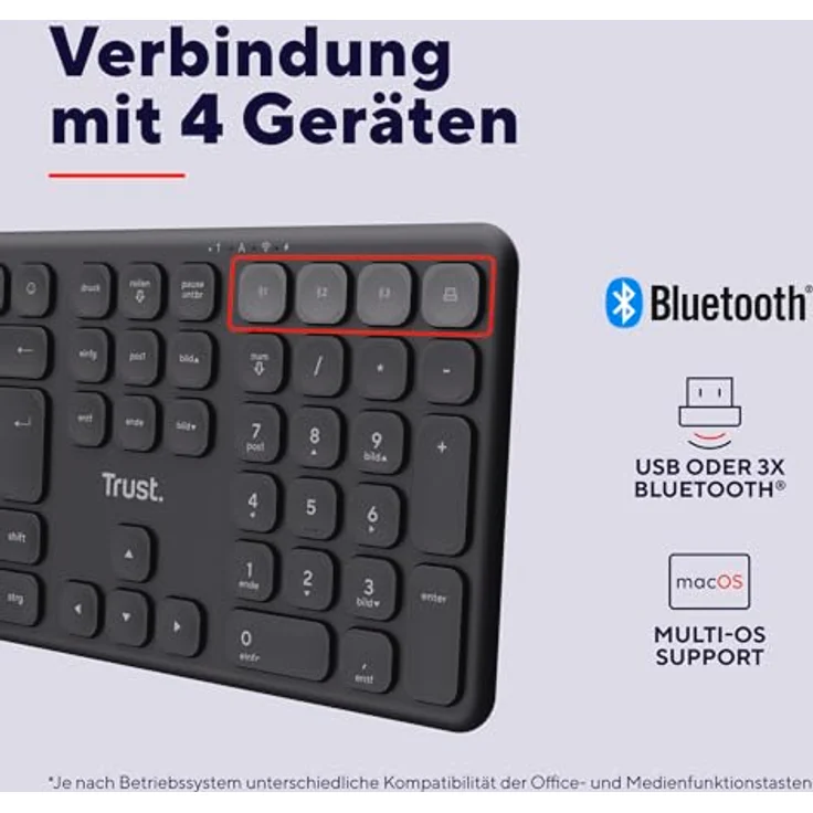 Trust Vaiya Kabellose Multigerätetastatur, Schwarz, 2,4 GHz & 3x Bluetooth, Scherentasten, 6 Monate Akkulaufzeit, Multi-OS-Unterstützung – Bild 5