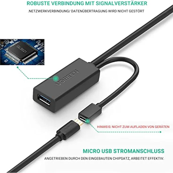 UGREEN USB Verlängerung Kabel 10M aktiv 3.0 USB Verlängerungskabel Super Speed Kabel Stecker A auf Buchse A mit Signalverstärker Repeater – Bild 3