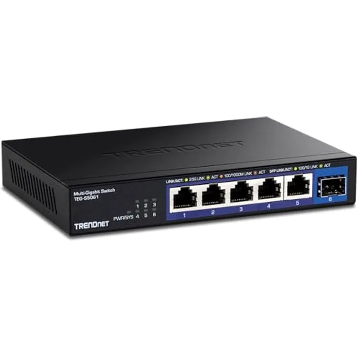 TRENDnet TEG-S5061 6-Port Unmanaged 2,5G Switch mit 10G SFP+-Port, 5 x 2,5GBASE-T-Ports, 45 Gbit/s Switching-Kapazität, lüfterlos, wandmontierbar