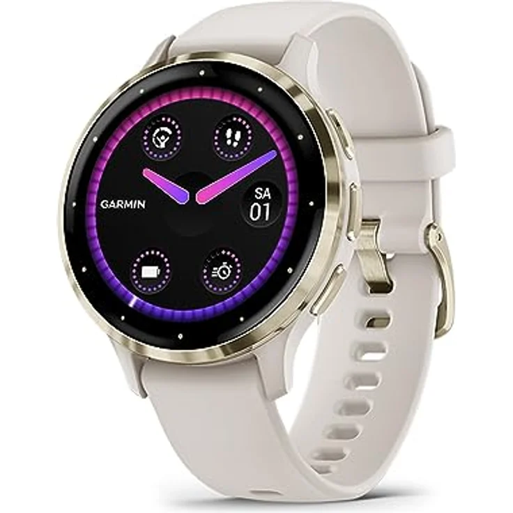 Garmin Venu 3S – GPS-Fitness-Smartwatch mit Bluetooth Telefonie und Sprachassistenz, Ultrascharfes 1,3 Zoll/ 1,1 Zoll AMOLED-Touchdisplay, Fitnessfunktionen, Garmin Music, Garmin Pay und Rollstuhlmodus, 18 mm, Elfenbein/Softgold – Bild 1