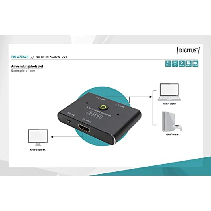 DIGITUS 8K 60Hz HDMI Switch, 1x HDMI-Output, 1x Micro-USB-Output, LED Anzeige – Bild 3