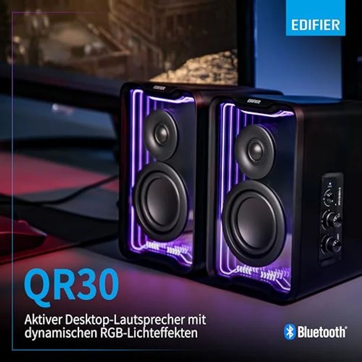 Edifier QR30 Aktiver Desktop-Lautsprecher mit Bluetooth V5.4, dynamische Lichteffekte – 30 Watt RMS – Schwarz – Bild 2