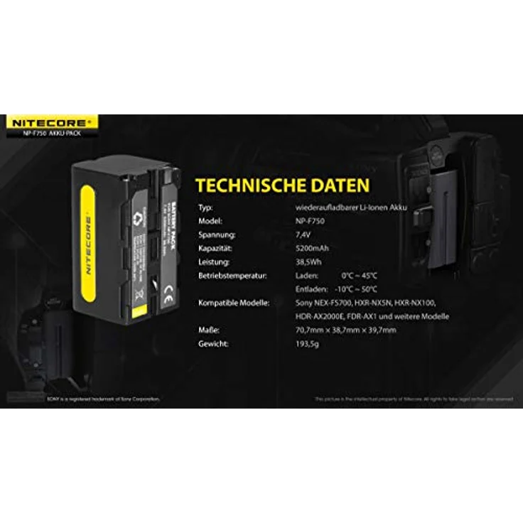 Nitecore Camcorder Akku NP750 für Sony Geräte, 7,4V 5200mAh 38,5Wh – Bild 2