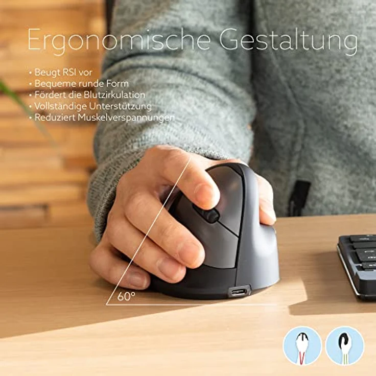 R-Go HE Break Ergonomische Maus, Für kleine hände, Mit Anti-RSI-Software, Silent Mäuse, Bluetooth 5.0, Vorbeugung Mausarm/Tennisarm, Vertikale Ergo Maus für Windows/Mac/Linux, 5 Tasten, Schwarz – Bild 2