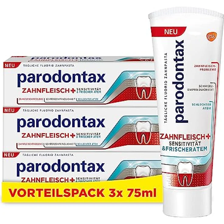 Parodontax Zahnfleisch+ Sensitivität & Frischer Atem Zahnpasta, 3x75ml – Bild 1