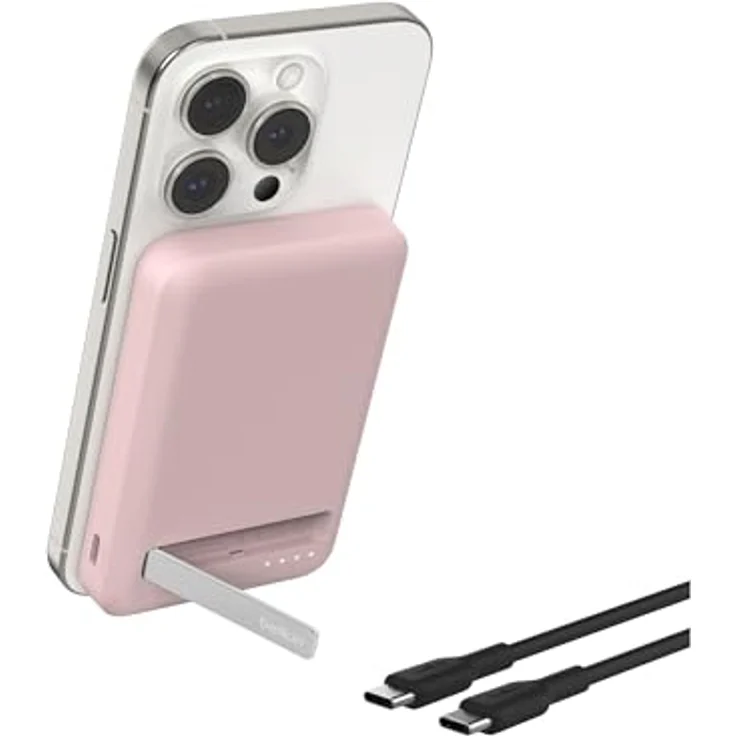 Belkin BoostCharge Pro kabellose Powerbank 5000mAh, MagSafe-kompatibles tragbares Ladegerät mit integriertem Ständer für iPhone 16, 15, 14, 13, 12 – Rosa – Bild 1