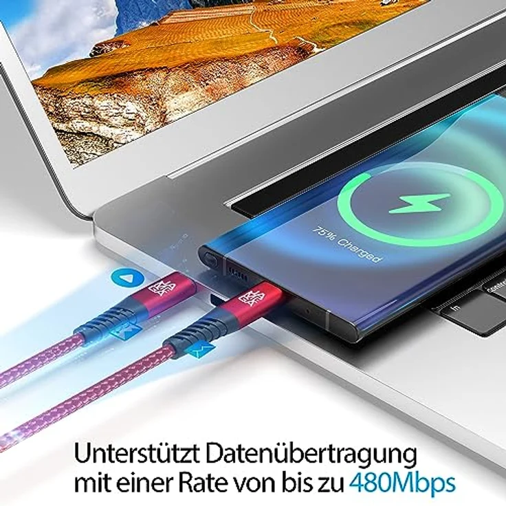 JAMEGA - USB Typ C Kabel Rot 2m | Fast Charge Sync für iPhone 15 Pro Max iPad Pro Air Samsung Macbook Tablets Huawei uvm. – Bild 2