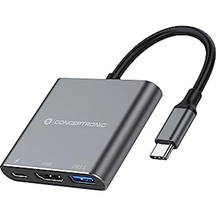 Conceptronic DONN18G 3-in-1 USB 3.2 Gen 1 Dockingstation, HDMI, USB 3.0, 100W USB PD, Grau, 4K Ultra HD