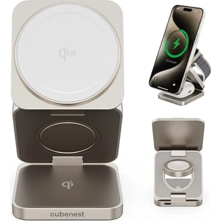 CubeNest Cubenest 3in1 Faltbares Aluminium Wireless Charger | Kompatibel mit Magsafe (Natural Titanium)