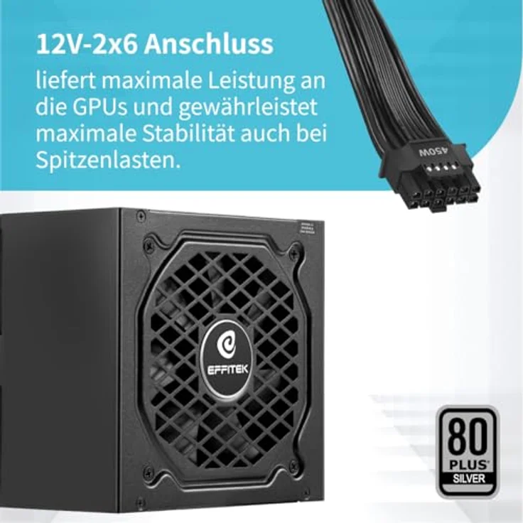 EFFITEK 750Watt ATX 3.1 Gamer Netzteil, 80 Plus Silver, unterstützt PCIe 5.1 GPU bis 450W, kompaktes Design mit 135mm Lüfter – Bild 3