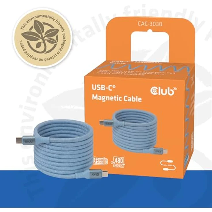 Club 3D USB Type C -> C Kabel, bi-direktional, 2 m, 240 W, blau, strapazierfähiger Nylon-Mantel – Bild 2