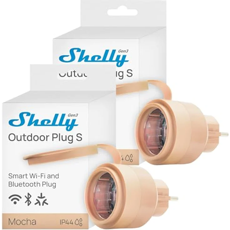 Shelly Outdoor Plug S Gen3 Doppelpack, WLAN Smarte Steckdose IP44 für Außenbereich, 12A, 2500W, Matter-zertifiziert, Energieüberwachung, kompatibel mit Alexa und Google – Bild 1