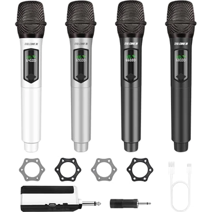 talomen Kabelloses Quad-Mikrofonsystem K604, 2,4 GHz, wiederaufladbar, mit Empfänger, für Gesang und Partys, in Weiß, Silber, Grau und Schwarz – Bild 1