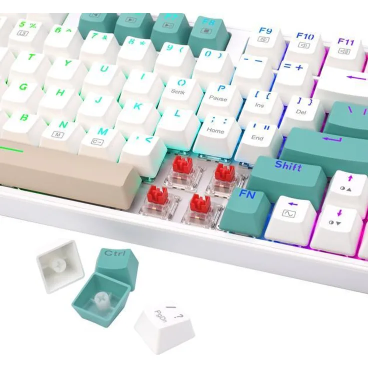 Redragon K643GWC-RGB-PRO Veigar Pro, Kabellose und Verkabelte Gaming-Tastatur, RGB-Hintergrundbeleuchtung, Rote Mechanische Schalter, Weiß und Grün