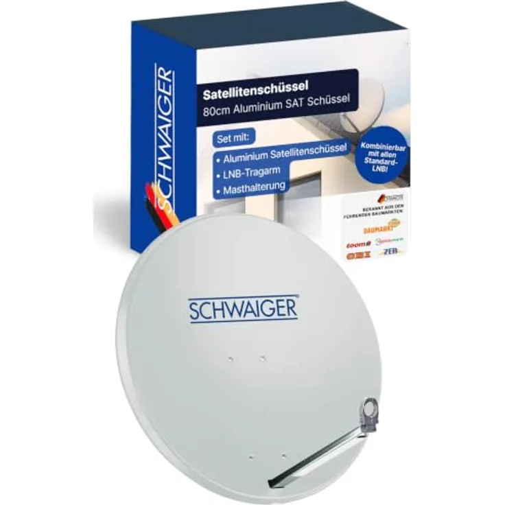 SCHWAIGER Satellitenschüssel Ø 80 cm Aluminium Offset Antenne in hellgrau, wetterfest, Multifeed geeignet, maximale Empfangsleistung 38,5 dB, inkl. LNB Tragarm & Masthalterung