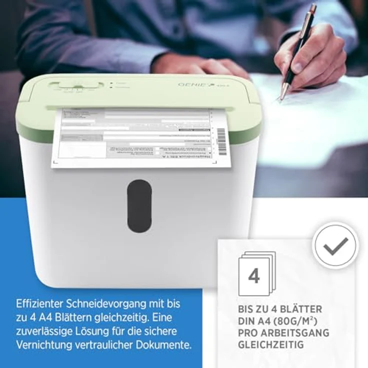 GENIE 440 X Aktenvernichter | Partikelschnitt 4x38 mm | Sicherheitsstufe P-4 | Leise 72 dB | Kompakt & Mobiler Shredder | Überhitzungsschutz | Weiß grün – Bild 3
