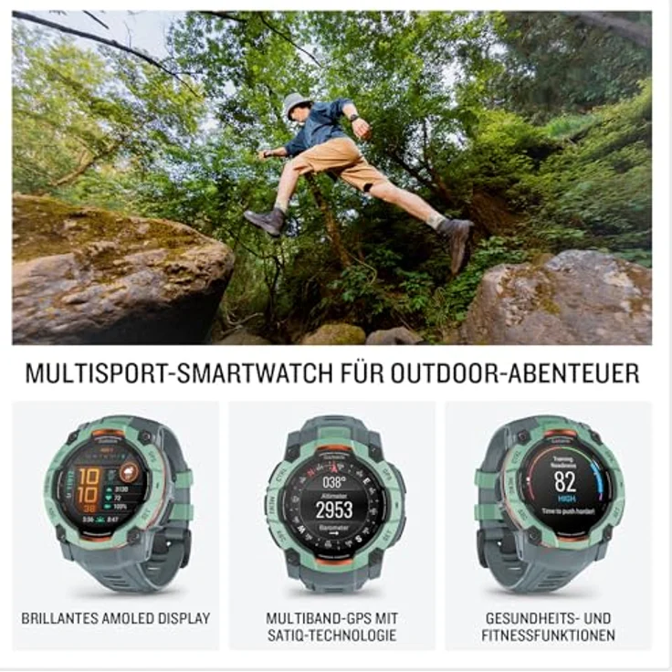 Garmin Instinct 3 50mm AMOLED GPS-Smartwatch, robust und wasserdicht, brilliantes 1,3" Display, LED-Taschenlampe (Grau) – Bild 2