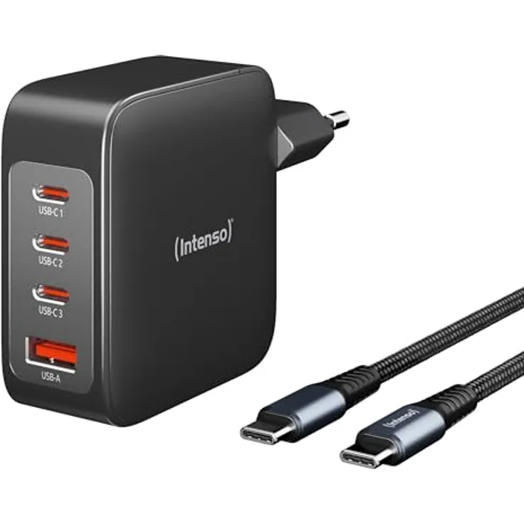 Intenso Power Adapter W140A3C GaN Set, 3xUSB-C Netzteil mit bis zu 140 Watt und USB-C zu C Daten+Ladekabel und GaN-Technologie, Mfi-Zertifiziert, weiß