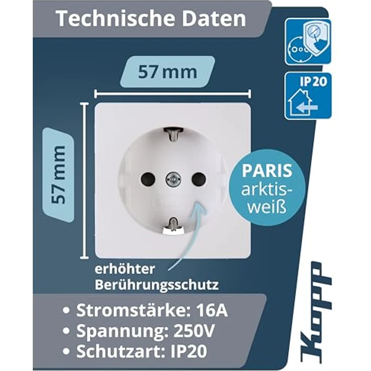 Kopp Paris Profi-Pack: 6 Schutzkontakt-Steckdosen mit Berührungsschutz I Schutzkontakt-Dosen 16 A - 250 V - IP20 I Wand-Steckdose für Innen-Bereich I Arktis-Weiß – 920702011 – Bild 2