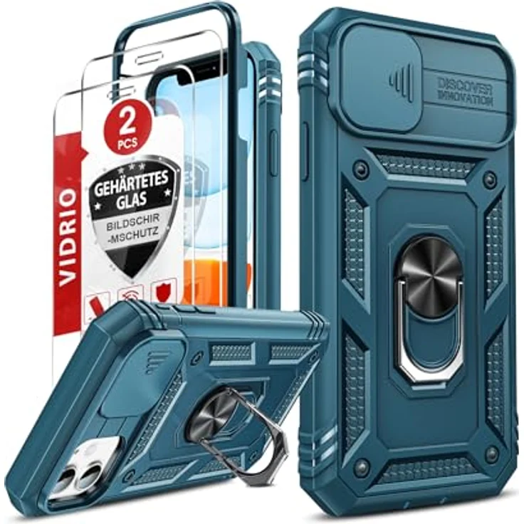 LeYi iPhone 11 Hülle mit 2X Panzer Glas, 360° Ring Halterung, Kameraschutz Schiebe, stoßfest und kratzfest, Blau – Bild 1