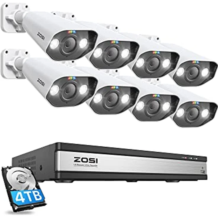 ZOSI 5MP Überwachungskamera Aussen Set, 16CH 4TB HDD NVR und 8X 5MP PoE IP Outdoor Kamera in Metallgehäuse, AI Erkennung, Spotlight und Ton Alarm – Bild 1