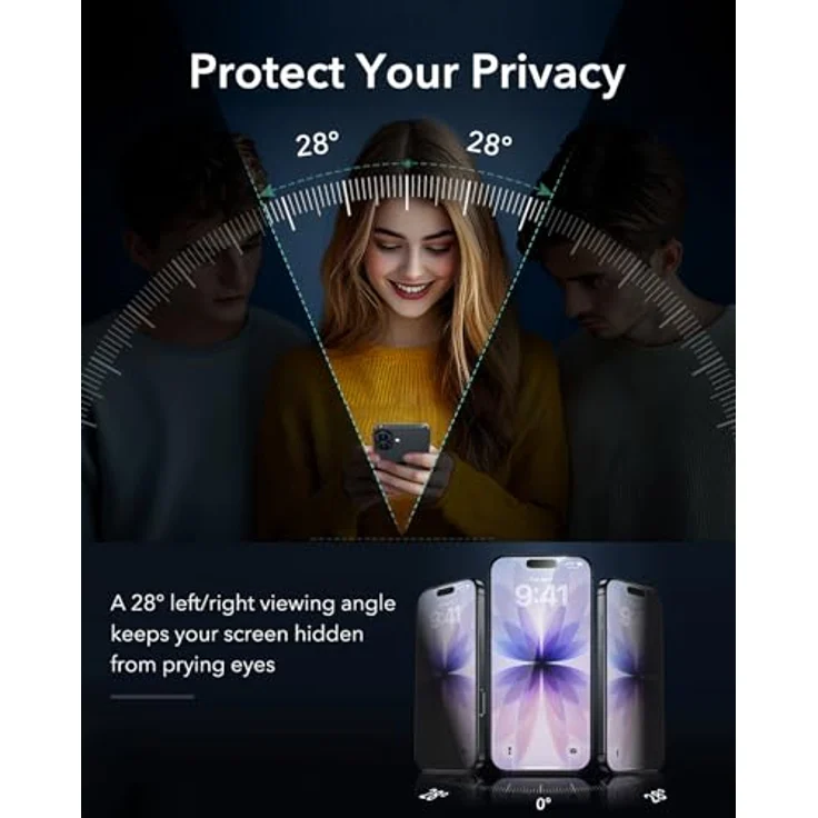 ESR Panzerglas Sichtschutz für iPhone 17 und iPhone 16 Pro, Displayschutzfolie 3 Stück mit 9H Härte, Face ID Unterstützung und einfacher Anbringung – Bild 3