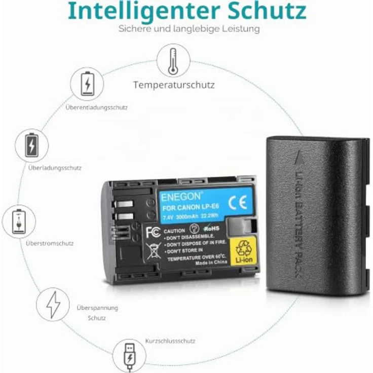 ENEGON LP-E6 Batterien, 2er Pack mit 3000mAh für Canon EOS R, R5C, 5D II-IV, 6D, 7D II-III, 80D, 70D, 60D, XC10, XC15 mit intelligentem Schutz – Bild 4