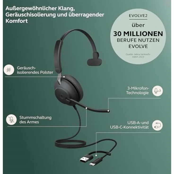 Jabra Evolve2 40 SE, schnurgebundenes Mono Headset mit USB-C/A, zertifiziert für UC-Plattformen, hohe Geräuschunterdrückung und komfortable Passform – Bild 2