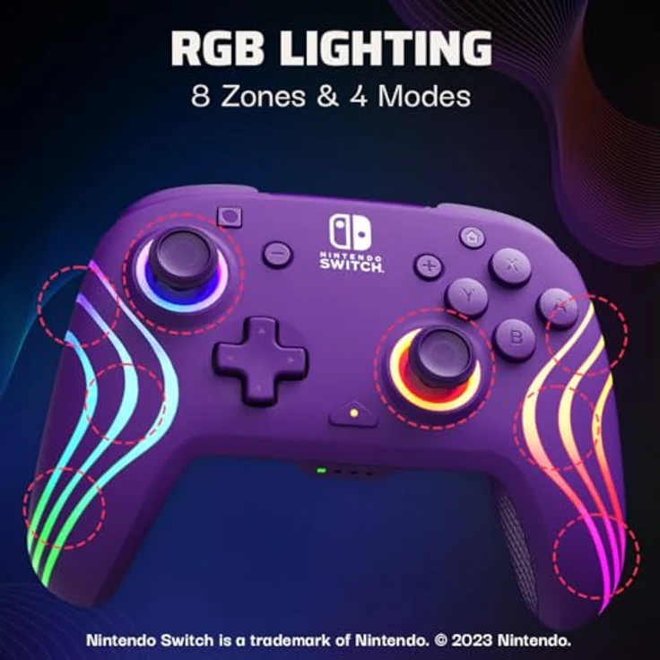 PDP Nintendo Switch Lila Afterglow Wave Wireless Controller, kabellos mit RGB-Beleuchtung und programmierbaren Rückentasten – Bild 2