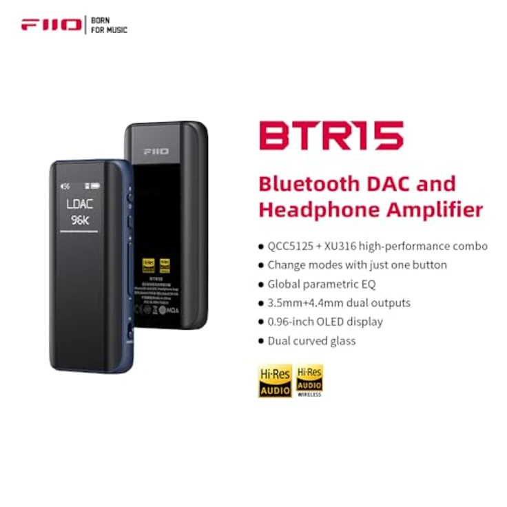 FiiO BTR15, Bluetooth Kopfhörerverstärker mit USB-DAC, Mikrofon, Klangregelung und OLED-Display, Schwarz – Bild 3