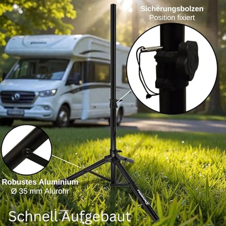 Premium X Camping SAT Stativ Aluminium 120cm Ø 35mm Schwarz - Windfestes Dreibein zur Antennenhalterung für Wohnwagen & Balkon, inkl. Heringen, leicht und platzsparend zusammenklappbar – Bild 3