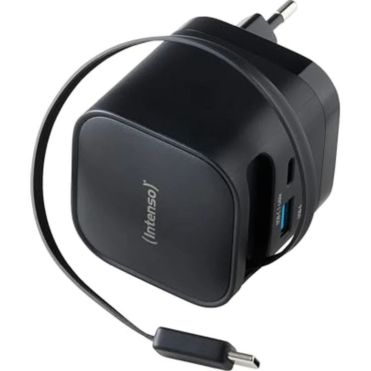 Intenso Power Adapter W65ACIC, Schnellladegerät mit 65 W Leistung, ausziehbarem USB-C Kabel, schwarz – Bild 1
