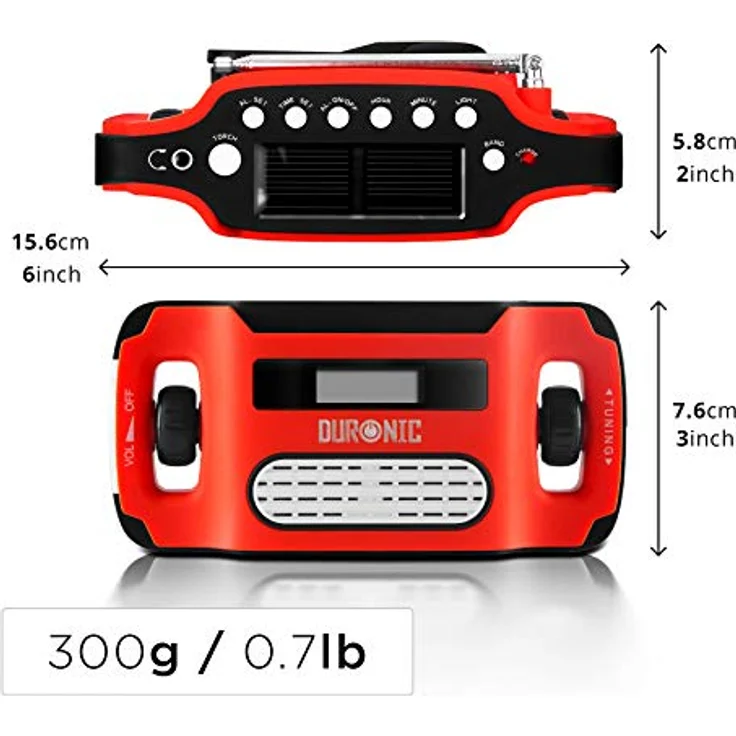 Duronic Apex Radio - Kurbel-Radio mit Taschenlampe und Wecker - Aufladbar mit Solar, Kurbel und USB - Notfallradio mit AM/FM Empfang - 7 Stunden Musik – Bild 3