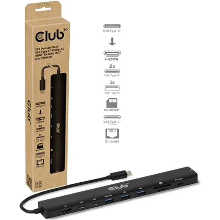 Club 3D Tragbare Dockingstation USB-C mit 2x USB-C, 3x USB-A, HDMI 8K, SD/TF Kartensteckplätzen, 140W Power Delivery, 2.5G Ethernet – Bild 2