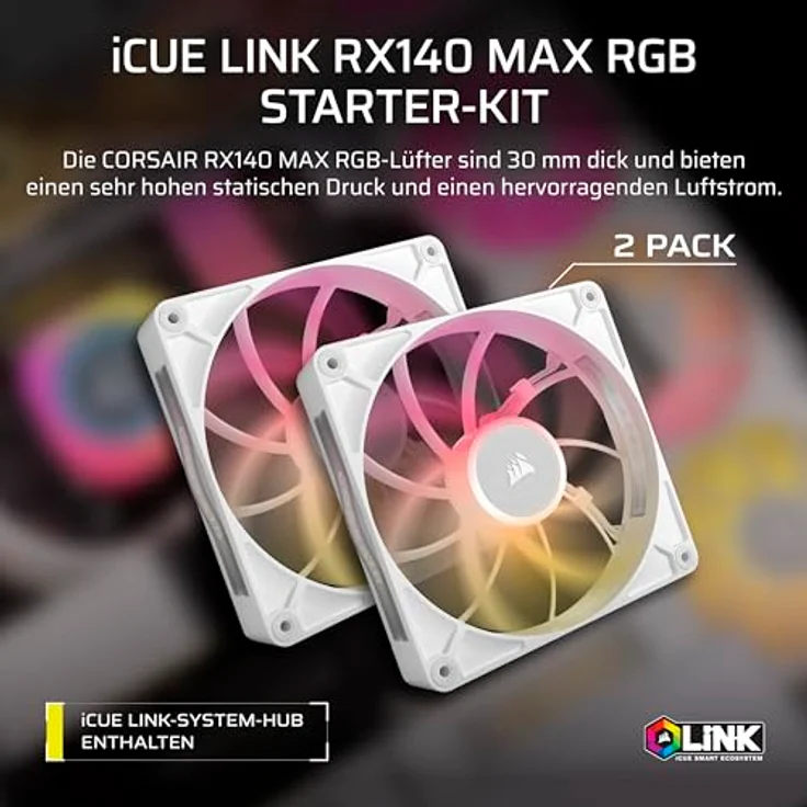 Corsair CORSAIR iCUE LINK RX140 MAX RGB 140 mm PWM Dicker Lüfter – Hoher statischer Druck – RGB-Beleuchtung – Doppelpack – Weiß – Bild 2