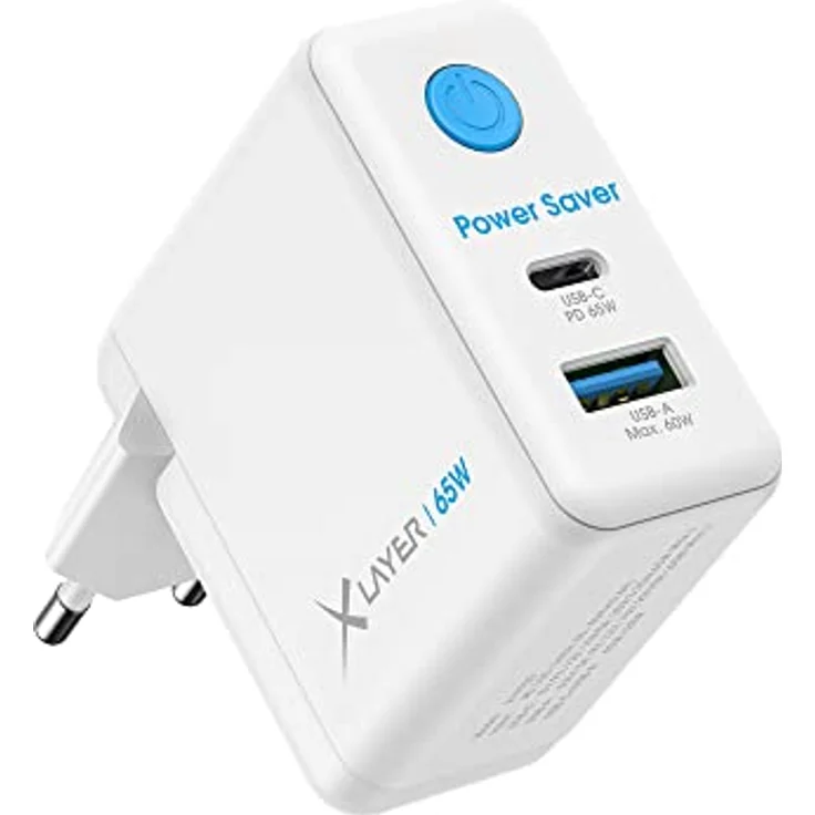 XLayer Power Saver 65W USB C Ladegerät PD Netzteil Knopfdruck Schnellladegerät mit Strom-Stopp-Funktion GAN Technologie Fast Charger Adapter MacBook/Pro/Air, iPhone, iPad, Galaxy, Huawei, Lenovo, Dell – Bild 2